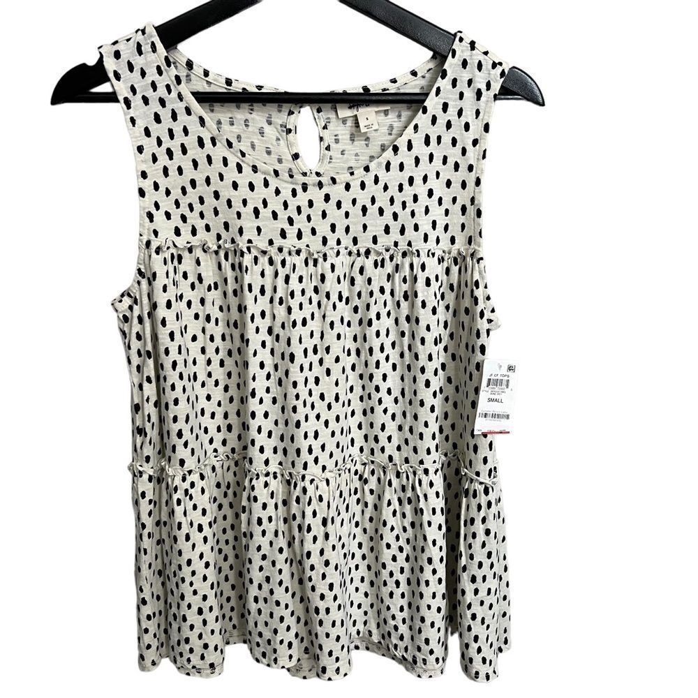 NWT Style & Co. Sleeveless Tiered Polka Dot Top size Small White/Black Dune Dot